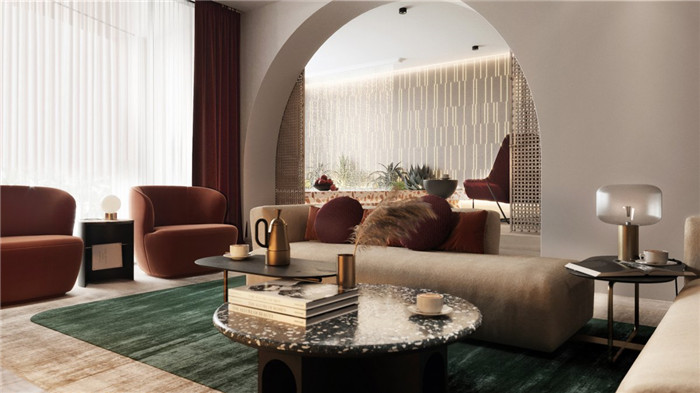 勃朗酒店設計公司推薦國外輕奢風豪斯酒店套房客廳設計